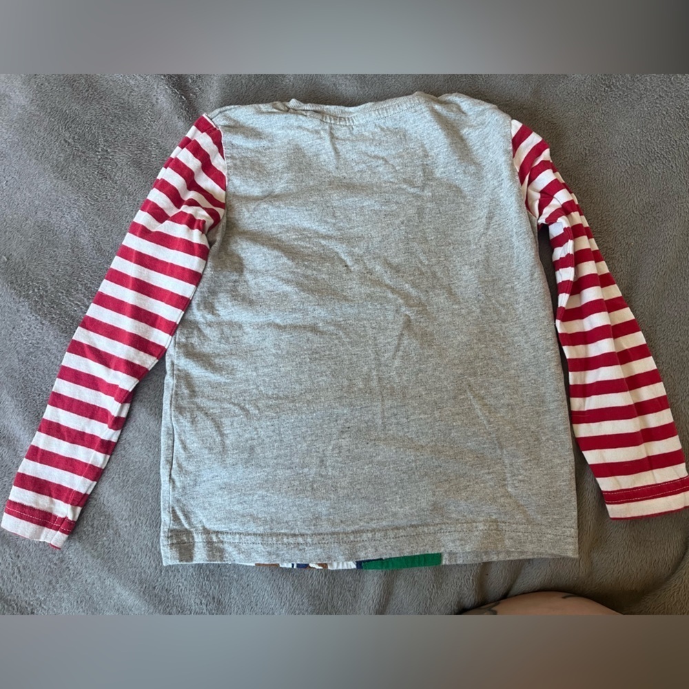 Mini Boden Gray Long Sleeve Tee with Red Stripes and Festive Characters - Picture 3 of 3